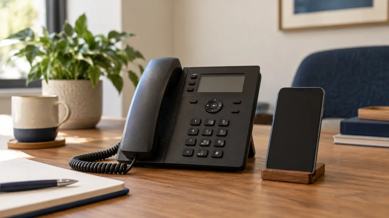 A desk phone and smartphone side by side in an office.