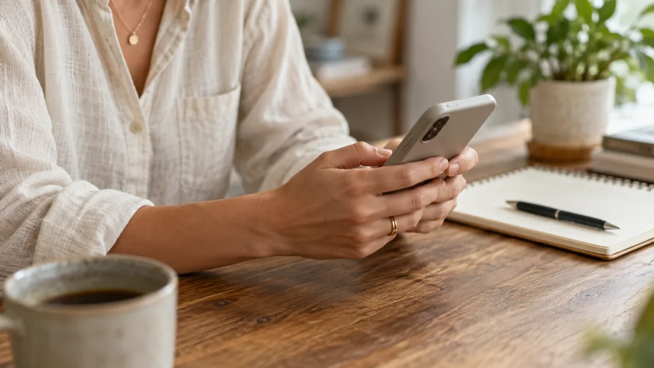 A business owner using a smartphone at a desk.